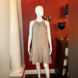 Bellambia- Tiered Linen Halter Dress in Color Taupe. Size L